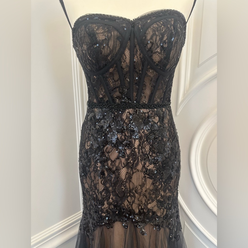 Galina Signature Black Formal Sequin Lace Mesh Strapless Corset Gown (Size 2) - Picture 3 of 16